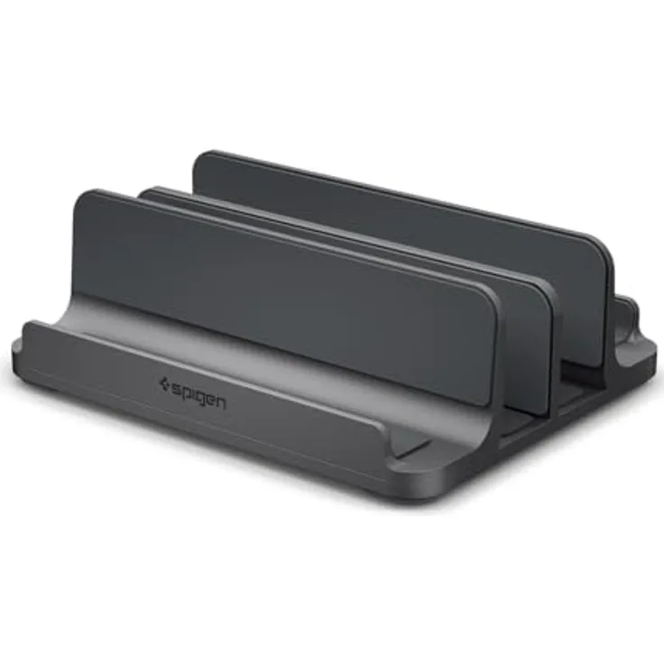 Spigen Vertikaler Laptop Ständer [4 in 1], Premium-Aluminium Organizer mit verstellbaren Slots, Silikonschutz, kompatibel mit MacBook Pro Air Mini Neo, iPad, iPhone 17 16 15, Galaxy, Pixel, Space Grau