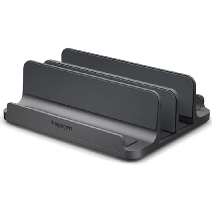 Spigen Vertikaler Laptop Ständer [4 in 1], Premium-Aluminium Organizer mit verstellbaren Slots, Silikonschutz, kompatibel mit MacBook Pro Air Mini Neo, iPad, iPhone 17 16 15, Galaxy, Pixel, Space Grau – Bild 1