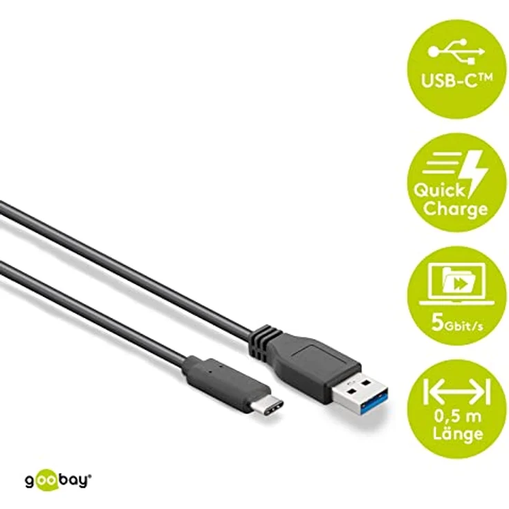 Goobay 67999 SuperSpeed 3.1 USB C -> USB 3.0 (Typ A) Ladekabel, Datenkabel, Unterstützt Charging & Sync, 3-Fach geschirmt, 0,5m, schwarz – Bild 3