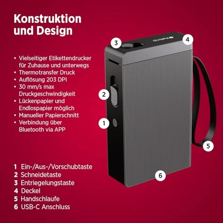 Olympia 6300 Etikettendrucker, Thermodirekt 203 x 203 dpi, max. Etikettenbreite 15mm, Bluetooth-fähig, kompakt für Küche und Büro – Bild 6