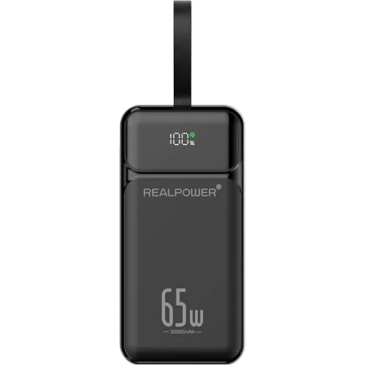 REALPOWER PB-27000 Pro Powerbank 27.000 mAh, 65 Watt Ausgangsleistung, 2x USB-A, 1x USB-C, Flugtauglich, Schwarz