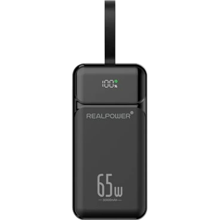 REALPOWER PB-27000 Pro Powerbank 27.000 mAh, 65 Watt Ausgangsleistung, 2x USB-A, 1x USB-C, Flugtauglich, Schwarz – Bild 1