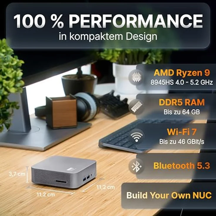 FutureNUC Mini PC R9-8945HS, AMD Ryzen® 8 Kerne bis 5,2GHz, 32GB DDR5 RAM, 1TB SSD, Thunderbolt 4, WiFi 7, HDMI 2.1, BT 5.3, dunkelgrau, Windows 11 Pro – Bild 2