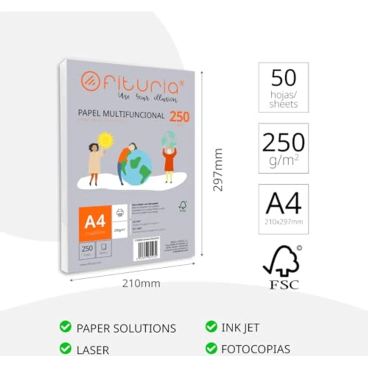 OFITURIA DIN A4 Druckerpapier, 50 Blatt, 250g/m², multifunktionales Kopierpapier für Laser- und Tintenstrahldrucker, weiß – Bild 2