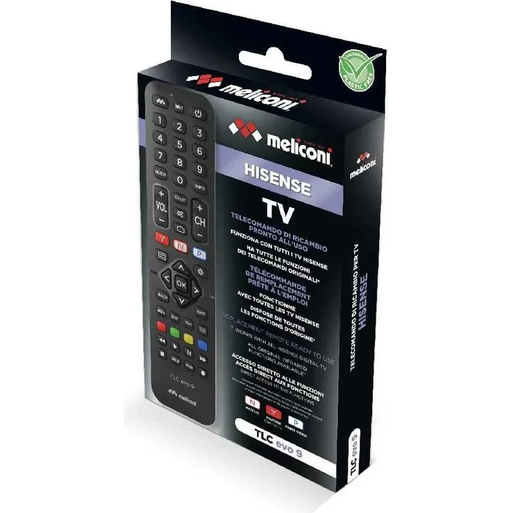 Meliconi 808047 TLC EVO 9, gerätespezifische Fernbedienung für Hisense-Fernseher mit kabelloser Infrarotübertragung und intuitiver Drucktastenoberfläche