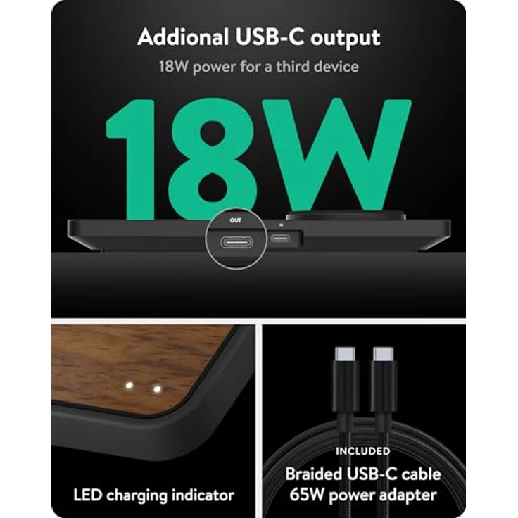 Mous Dual-Ladestation, Qi2 bis 15 W Schnellladung, MagSafe-kompatibles Ladegerät, USB-C-Kabel, Walnuss – Bild 4