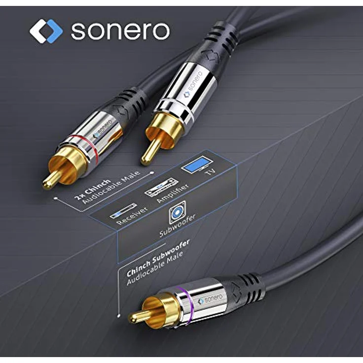 Sonero® Premium Cinch Audiokabel, 1x Cinch Stecker auf 2x Cinch Stecker 5,00m, vergoldete Kontakte, schwarz – Bild 3
