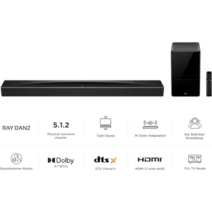 TCL Q75H 5.1.2 Kanal RayDanz Technologie Dolby Atmos & DTS:X Soundbar mit kabellosem Subwoofer, HDMI 2.1 und BT 5.3, Schwarz – Bild 2