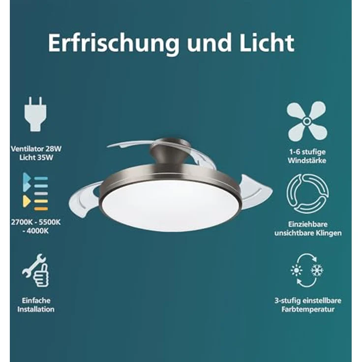 Philips Atlas LED Deckenleuchte Ventilator 28W+35W, 2700-5500K, Nickel, Smarte Deckenbeleuchtung mit verschiedenen Ventilationsstufen – Bild 2