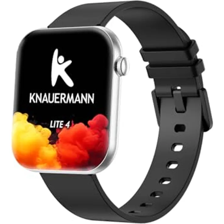 Knauermann Lite 4 eckig, Smartwatch mit umfassender Vitaldaten-Überwachung, Silber-Schwarz mit Silikonarmband