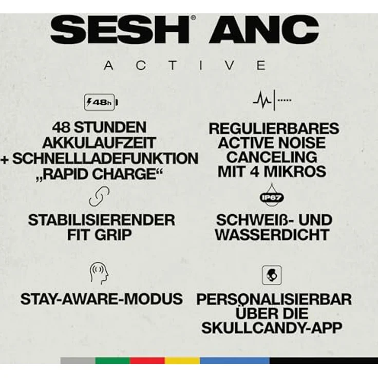 Skullcandy Sesh ANC Active, Kabelloser In-Ear Kopfhörer mit Active Noise Canceling, 48 Std. Wasserdicht (IP67), Mikro, Kompatibel mit iPhone, Android, Bluetooth-Geräten - True Black/Orange – Bild 2