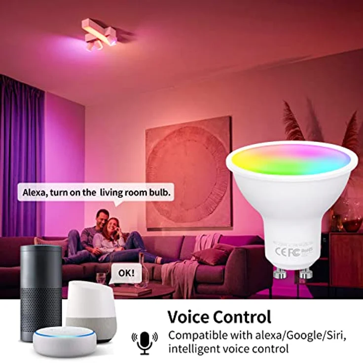 Fitop Alexa Glühbirnen GU10 Wlan Smart Lampe,4.7W Entspricht 50W,RGB 16 Millionen Farben+Warmweiß-Kaltweiß,Dimmbar per App oder Sprach,Kompatibel mit Alexa/Google Home,Kein Hub Benötig,5 Stück – Bild 2