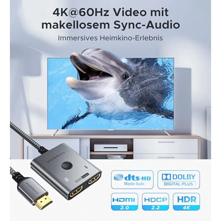 WARRKY HDMI Switch 4K@60Hz, 2 In 1 Out Splitter mit 1m geflochtenem Kabel, HDCP 2.2, Aluminium, unterstützt UHD 3D für PS5/4, Xbox, FireStick – Bild 4