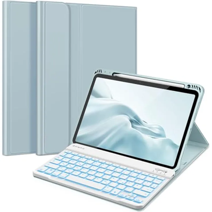 Fintie Tastatur Hülle für iPad Air 11" 2024, iPad Air 5 2022/ iPad Air 4 Hülle mit Tastatur 10.9" - Magnetisch Abnehmbarer Keyboard mit DIY Hintergrundbeleuchtung, Deutsches QWERTZ Layout, Eisblau