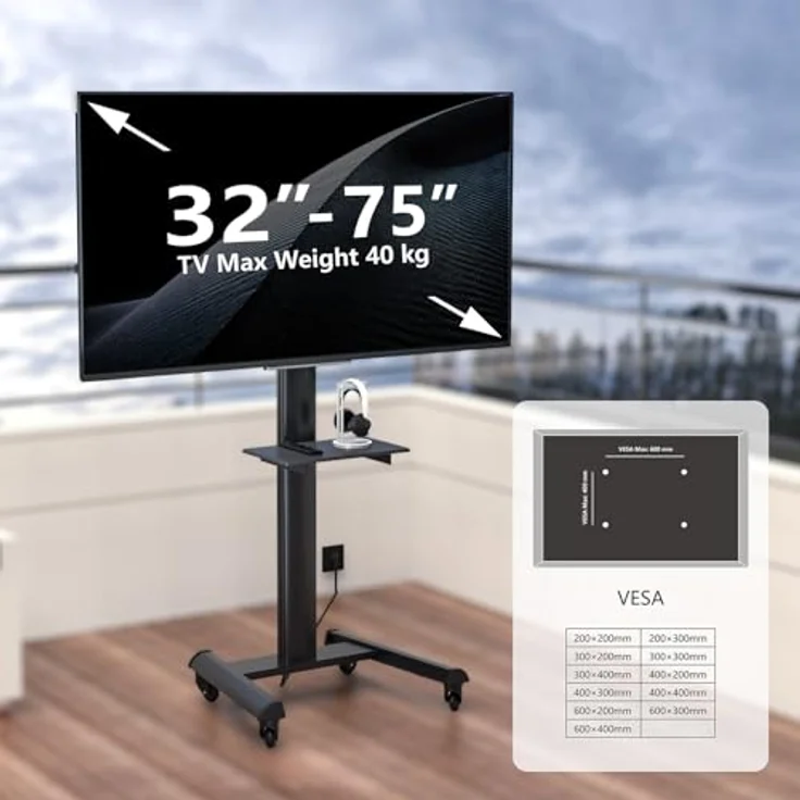 XTRARM Proton 500 mobiler TV Ständer, Schwarz, bis 211 cm Höhe, viele VESA-Größen, TV 37-70 Zoll / 40 kg – Bild 3