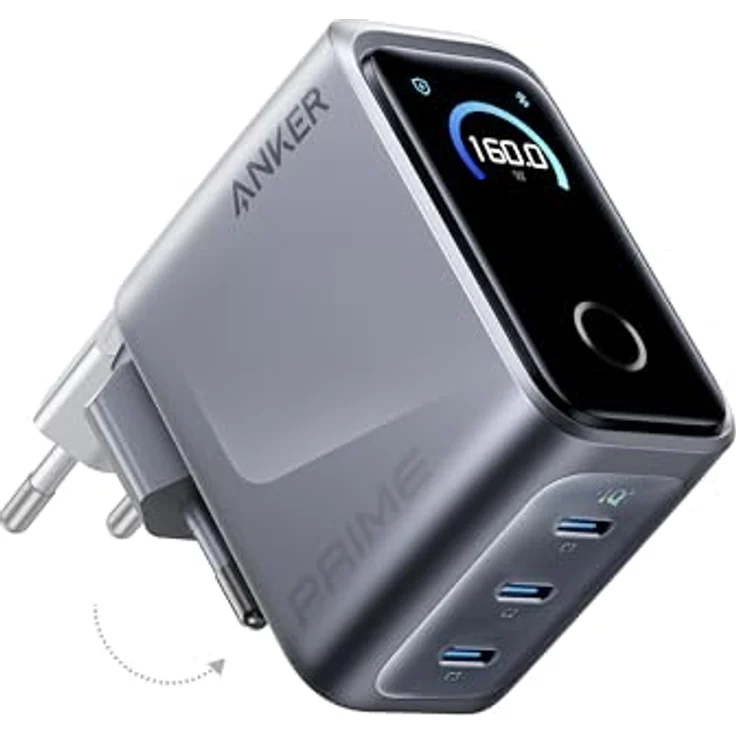 Anker Prime Ladegerät 160W, kompakter GaN USB-C Ladeblock mit 3 Ports, Smart Display und Touch-Steuerung, ultra-schnelles 140W Laden für Laptop, MacBook, iPad, iPhone 17/16/15 Serie – Bild 1
