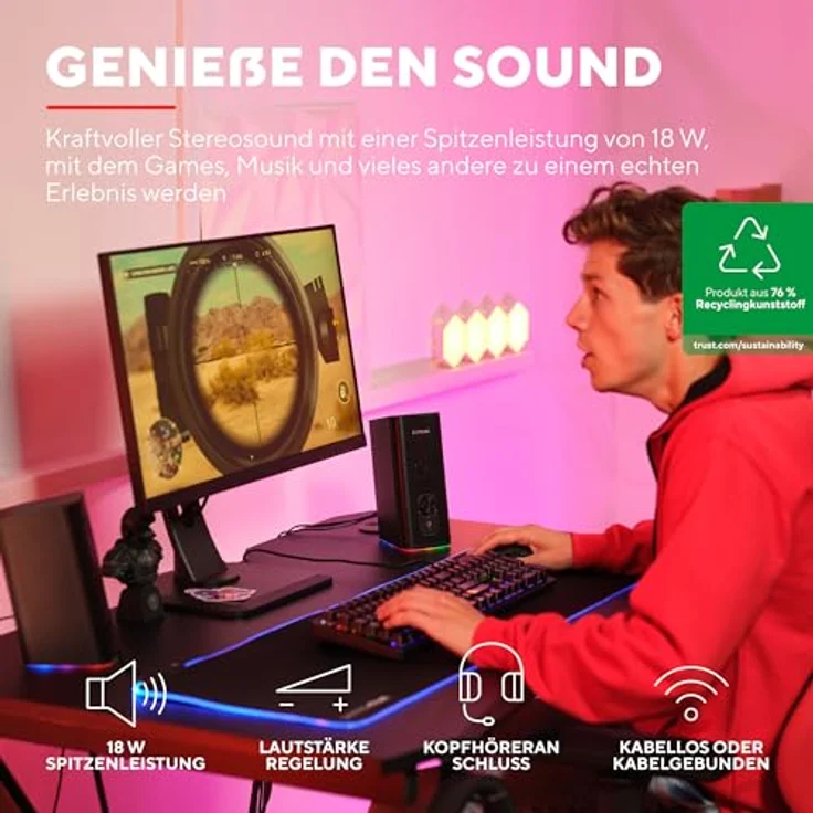 Trust Gaming GXT 612 Cetic Bluetooth Lautsprecher 2.0, PC Lautsprecher mit RGB LED Beleuchtung, 18W (10W RMS), 76% Recyclingkunststoff, USB-Betrieb Speaker Set, PC Boxen Computer Laptop - Schwarz – Bild 2
