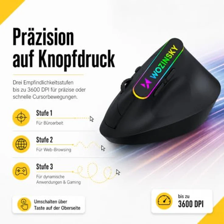 Wozinsky WMG-1164 Gaming-Maus, kabellos mit 2,4 GHz & Bluetooth 5.0, ergonomisches 57° Vertikaldesign, 3600 DPI, RGB-Beleuchtung, schwarz – Bild 6