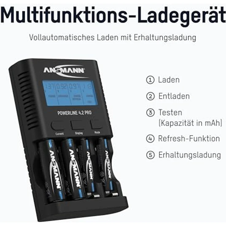 ANSMANN Batterieladegerät für 4X AA-AAA NiMH Akkus - Ladegerät mit 5 Ladeprogrammen: Laden, Entladen, Testen, Refresh, Schnellladen + USB-Lader - Powerline 4.2 Pro Akku-Ladegerät – Bild 2