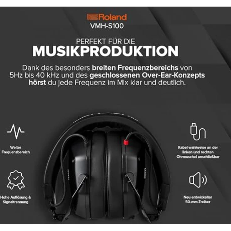 Roland VMH-S100, geschlossene Kopfhörer für Musikproduktion, Frequenzbereich 5-40.000 Hz, schwarz – Bild 3