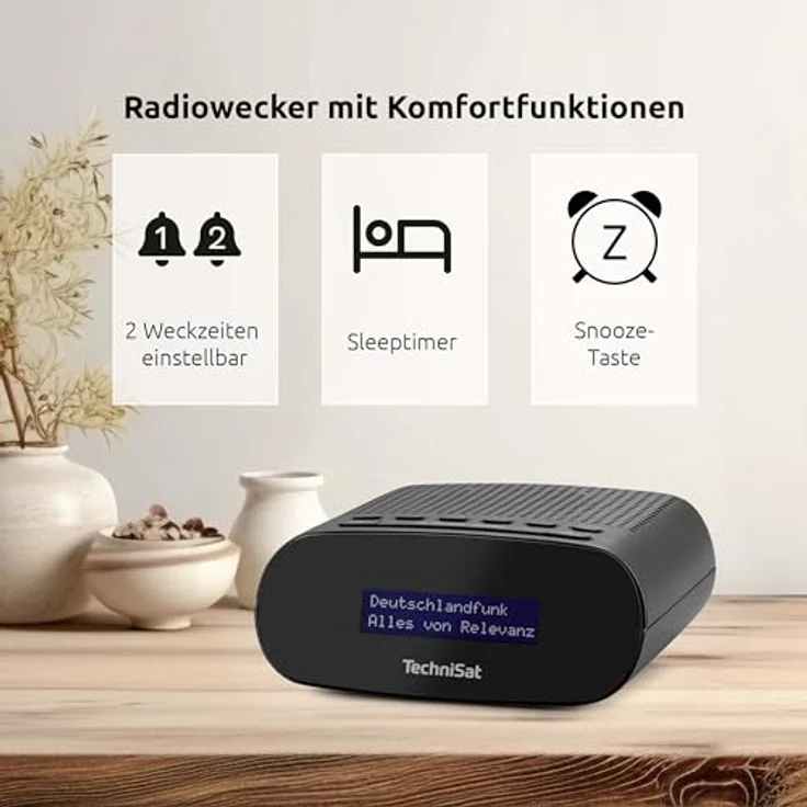 TechniSat TECHNIRADIO 50 - Kompakter Radiowecker (DAB+, UKW Wecker mit großem LCD-Display, Dual-Alarm, Kopfhöreranschluss, 1 Watt, USB-Netzteil) schwarz – Bild 2