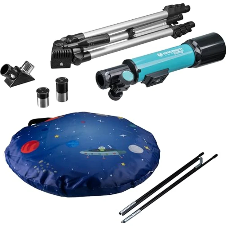 Bresser Junior Linsenteleskop 50/360 für Kinder - Astronomie Einsteigerset mit Zelt, Refraktor Teleskop, Stativ, Azimutale Montierung, Okulare und Zenitspiegel, blau – Bild 3