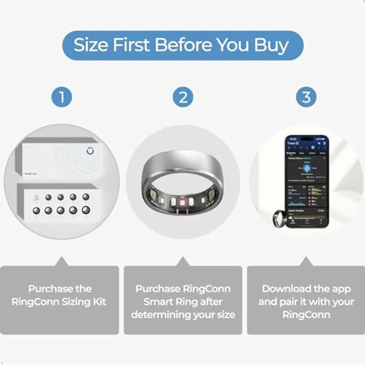 RingConn Smart Ring ohne App-Abonnement, Größe zuerst mit Größen-Set, 7 Tage Akkulaufzeit, Aktivitäts- und Schlaf-Tracker/Stress-/Herzfrequenz-Monitor, kompatibel mit iOS und Android (Silber, Größe 13) – Bild 2
