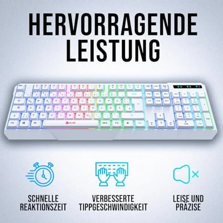 KLIM Chroma Wireless Gaming Tastatur - Kabellos QWERTZ DEUTSCH - NEU 2024 - Langlebig, Ergonomisch, Wasserdicht, Leise - RGB - Weiß – Bild 4