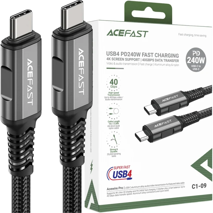Acefast C1-09 USB-C / USB-C Kabel, USB4 PD3.1 5A, 1m, Grau/Schwarz, 40 Gbit/s Datenübertragung, 4K Videoauflösung