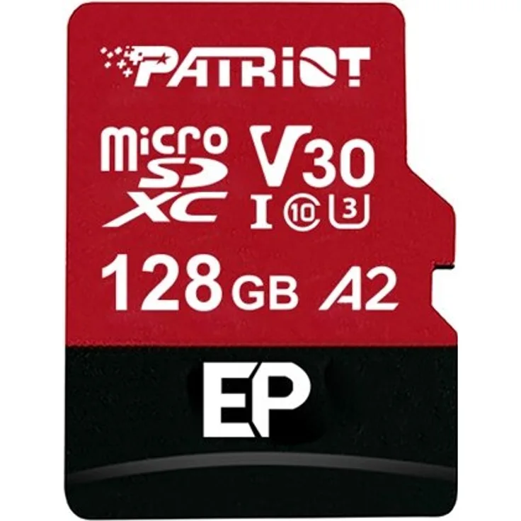 Patriot Memory EP A2 128 GB MicroSDXC V30 U3 Speicherkarte, Schwarz/Rote Farbvariante mit 80 MB/s Schreibgeschwindigkeit