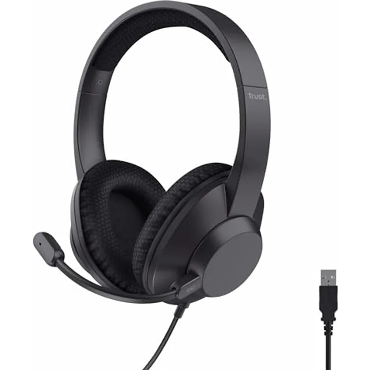 Trust Ayda Max USB Headset, Over-Ear Kopfhörer mit Noise Cancelling ENC Mikrofon, 1,80m Kabel, 85% Recyclingkunststoff, Schwarz