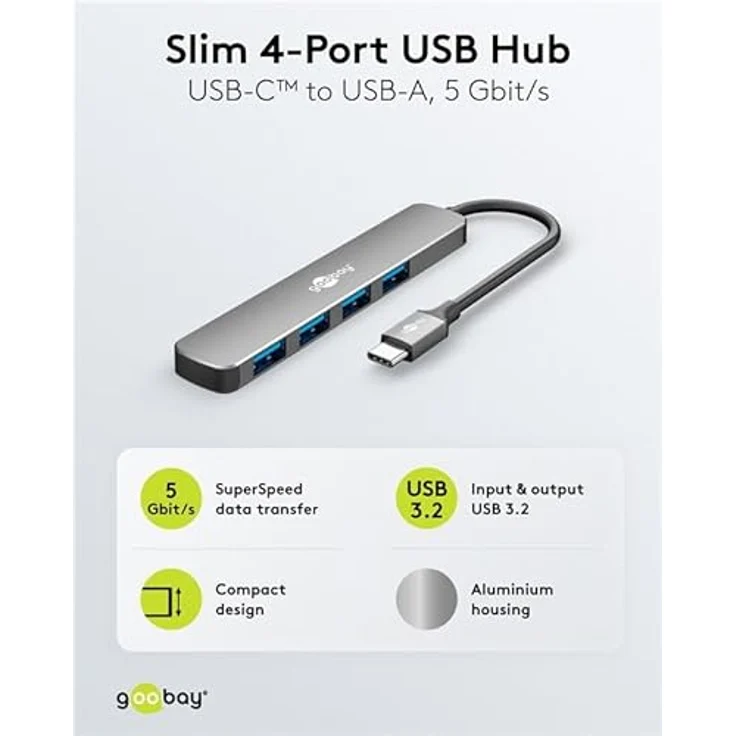 goobay USB C 3.2 Hub, 4x USB-A Ports, Kompatibel mit Windows/Linux/macOS, SuperSpeed-Datenraten bis 5 Gbit/s, Kompakt Aluminiumgehäuse - 79157 – Bild 2