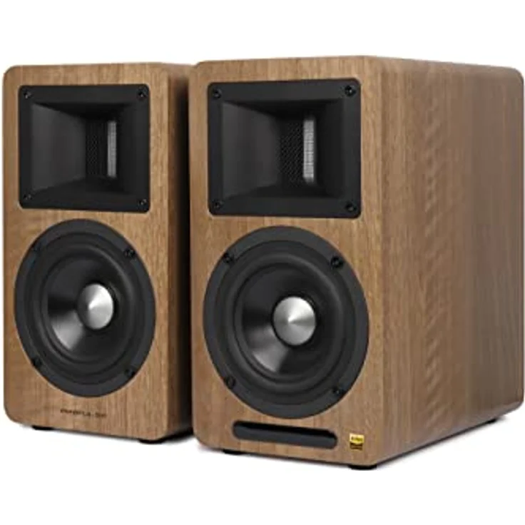 Airpulse EDIFIER AIRPULSE A80 - 2.0 Regallautsprechersystem (100W) mit Bluetooth V5.0 (aptX), Bändchen-Hornhochtöner für präzise und klarste Höhen, vielseitige Anschlussmöglichkeiten, inkl. Fernbedienung, Walnuss-Finish – Bild 1
