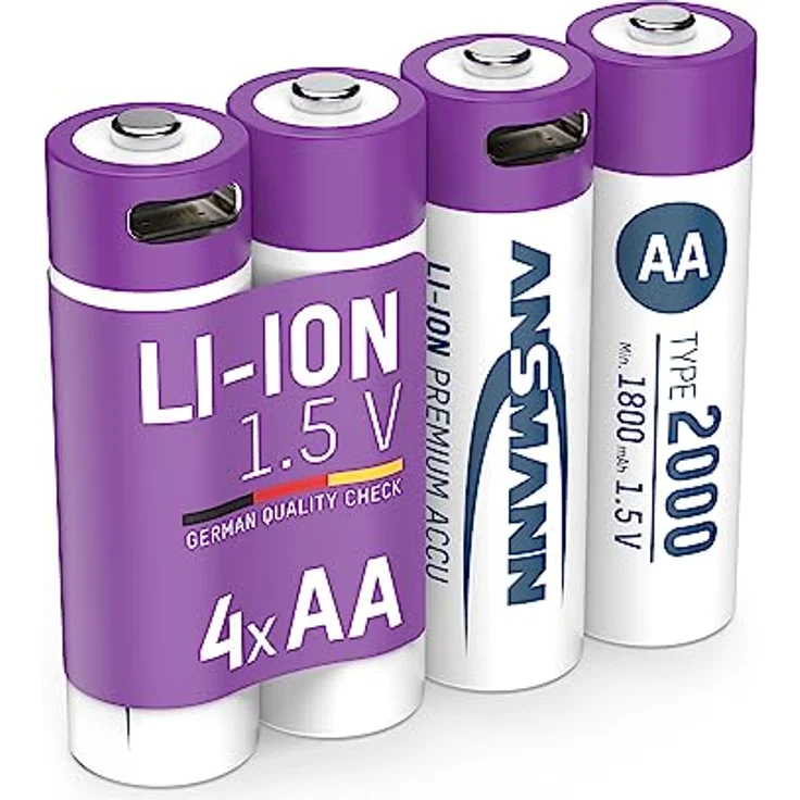 ANSMANN 4X Mignon AA Akkus Li-Ion mit USB Typ-C Anschluss, wiederaufladbar über USB-C/Hohe Leistung von 1,5 Volt & 2000 mAh/Geeignet für Fernbedienung, Controller, Lampen, Spielzeug, Funkgeräte - Preisvergleich – Bild 1