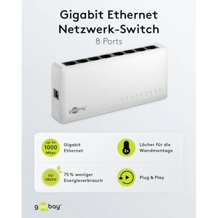 goobay 64564 Gigabit Ethernet Netzwerk Switch 8 Port / Lüfterloses Design / max. 1000 Mbit/s / Plug & Play / Optimierter Datenverteiler / Weiß – Bild 2