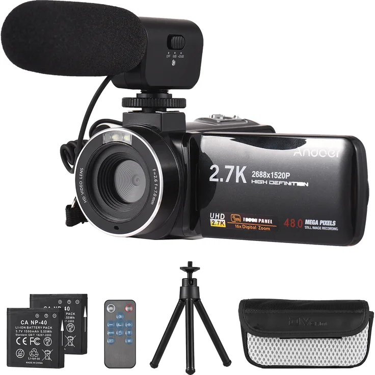 Andoer 2.7K Digital Videokamera Camcorder mit 48MP, 16X Digital Zoom, 3.0 Zoll IPS Touch Panel, Gesichtserkennung, Anti-Shake, 2 Batterien, Mini-Stativ, externem Mikrofon und Tragetasche