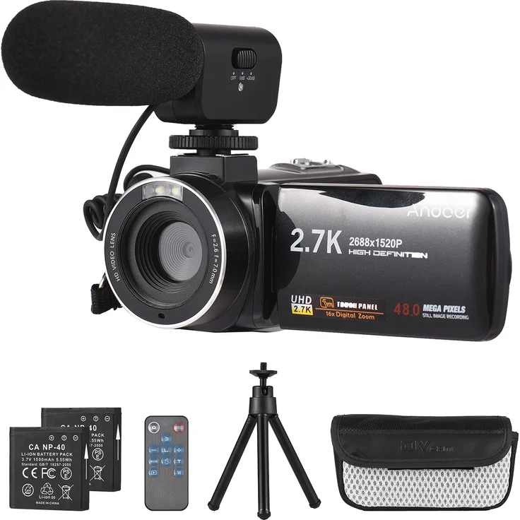 Andoer 2.7K Digital Videokamera Camcorder mit 48MP, 16X Digital Zoom, 3.0 Zoll IPS Touch Panel, Gesichtserkennung, Anti-Shake, 2 Batterien, Mini-Stativ, externem Mikrofon und Tragetasche