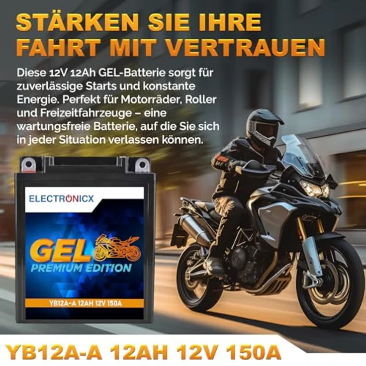 Electronicx GEL-YB12A-A GEL Motorradbatterie 12Ah 12V, wartungsfrei, auslaufsicher, vibrationsfest für Motorrad, Roller, Quad und Jetski – Bild 2