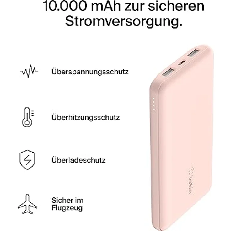 Belkin USB-C-Powerbank (10.000 mAh, 1 USB-C-Port und 2 USB-A-Ports zum Laden von iPhone, AirPods, iPad, Android- oder Anderen Geräten mit bis zu 15 W) - Roségold – Bild 2