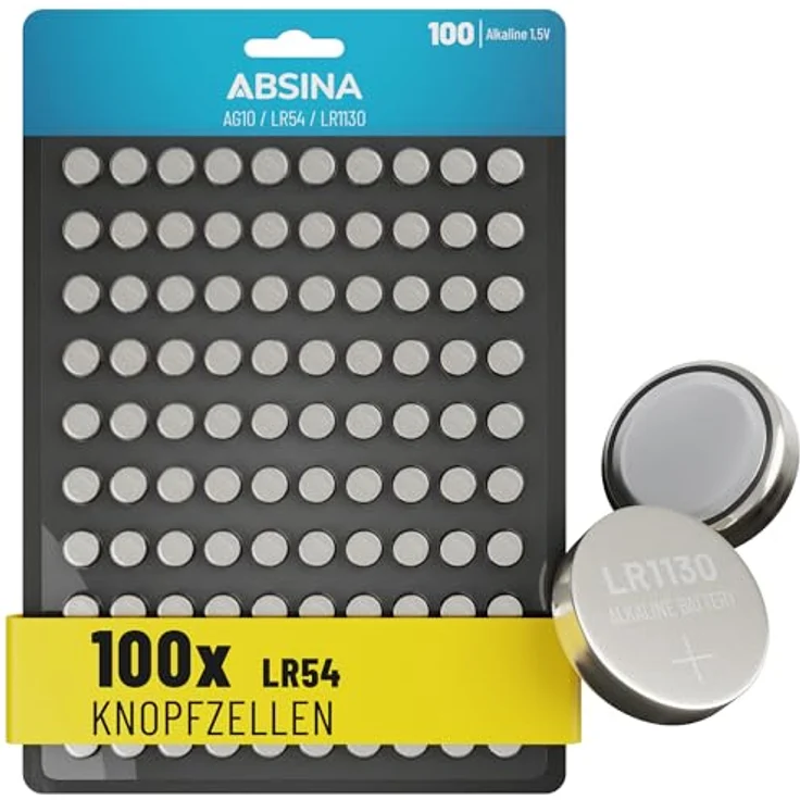ABSINA AG10 LR1130 Knopfzelle 100er Pack - 1,5V Alkaline Batterien auslaufsicher & langlebig, ideal für Fieberthermometer, Uhren, Spielzeug und mehr – Bild 1