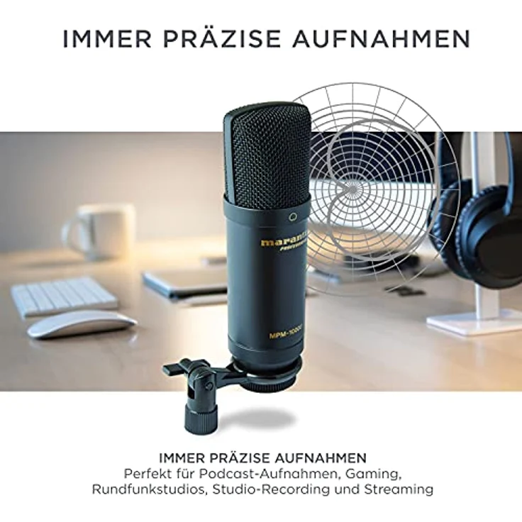 Marantz Professional MPM-1000U - Großmembran USB Kondensator Mikrofon mit Nierencharakteristik für Podcast, Studio, Gaming mit USB-Kabel und Mic Clip – Bild 3