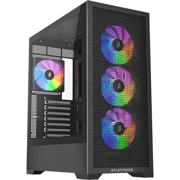 SILENTWARE Core 100 A-RGB Black Midi Tower PC-Gehäuse, Gehärtetes Glas-Seitenfenster, 4x 120mm PWM RGB Lüfter, Mesh-Front, Maximaler Airflow, ATX/mATX/ITX, USB 3.0 – Bild 1