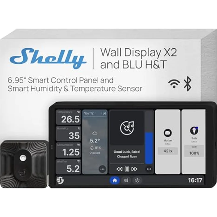 Shelly Wall Display X2 Black, Smart Home Hub mit BLU H&T Sensor für Temperatur, Luftfeuchtigkeit und Lichtsteuerung, Schwarz – Bild 2