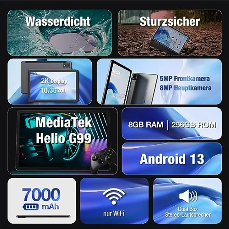 AGM PAD P1 Tablet 10,36 Zoll Android 13 Wasserdichtes Tablet, 8GB+ 256GB, 2K FHD IPS-Bildschirm, MTK G99, Dual Box 1224 Lautsprecher, 7000 mAh Akku, Dual SIM 4G Tablet, mit Schutzhülle, 5G WiFi – Bild 2