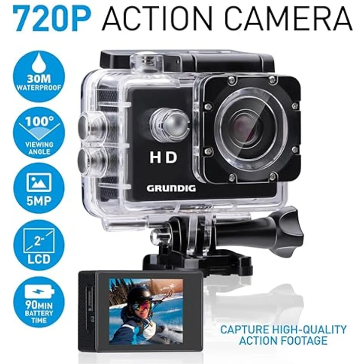 Grundig Action Cam 720P, wasserdichte Unterwasserkamera mit 100°-Weitwinkel und 90 Minuten Akkulaufzeit, Schwarz – Bild 4