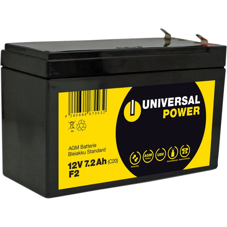 Universal Power AGM UPS12-7.2 F2 12V 7,2Ah AGM Batterie USV Akku wartungsfrei Anschluss F2, Ventilreguliert und langanhaltend