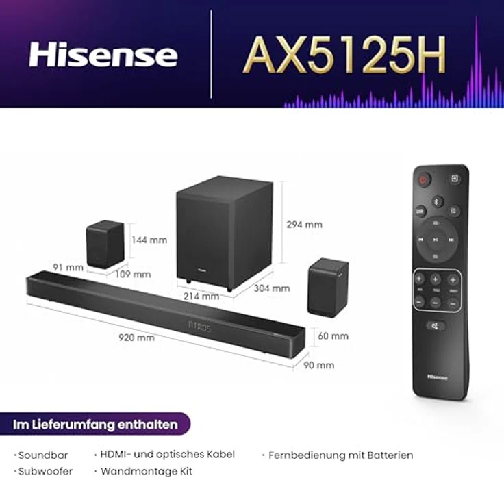 Hisense AX5125H - 5.1.2-Kanal-Soundbar mit kabellosem Subwoofer, Dolby Atmos, Super Bass, Bluetooth 5.3 – Bild 3