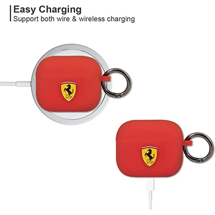 Ferrari FEA3SILRE, Hülle für AirPods 3, silikon, rote Farbe, 360° Schutz, stoßfest, mit Schlüsselanhänger und Unterstützung für kabelloses Laden – Bild 4