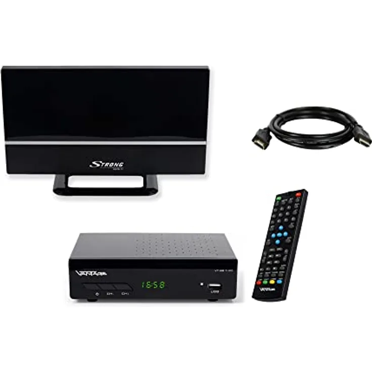 Sky Vision VT-92 DVB-T/T2 Reciever, Empfang Aller freien SD und HD DVB-T2 Sender, Digital, Full-HD 1080p, HDMI, SCART, Mediaplayer, USB 2.0, 2m HDMI Kabel, aktive DVB-T2 Zimmerantenne, Schwarz
