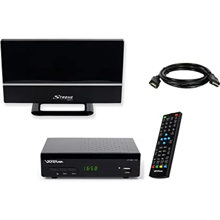 Sky Vision VT-92 DVB-T/T2 Reciever, Empfang Aller freien SD und HD DVB-T2 Sender, Digital, Full-HD 1080p, HDMI, SCART, Mediaplayer, USB 2.0, 2m HDMI Kabel, aktive DVB-T2 Zimmerantenne, Schwarz – Bild 1